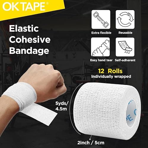 OK TAPE 12 Rolls Self Adhesive Bandage Wrap, Elastic Athletic Tape, Self Stick Bandage Tape, Vet Wrap, Medical Wrap for Wrist, Feet, 2" x 5 Yards - White thumbnail 2