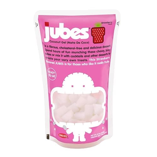 Jubes Strawberry Nata De Coco Jelly Cubes, 12.7 oz - Strawberry Coconut Jelly Cubes for Sago - Coconut Gel in Syrup Toppings for Fruit Tea, Boba, Bubble Tea, Drinks, Desserts Yogurt, Ice Cream, Beverage thumbnail 3