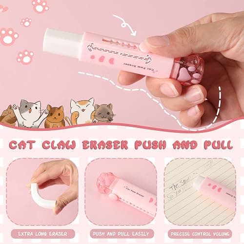 Sabary 4 Pcs Cute Cat Paw Stationery 2 Kawaii Pencil Sharpener 2 Retractable Eraser for Kids Home Office School(White, Pink) thumbnail 5