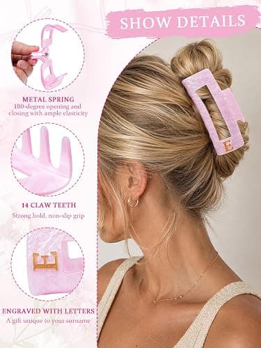 ACECHA 3.9" Gold Square Initial Hair Claw Clip - Gift for Women | custom hair clips, square, cute & sparkly monogrammed hairclip, ideal for daily wear birthday christmas, pink letter E thumbnail 3