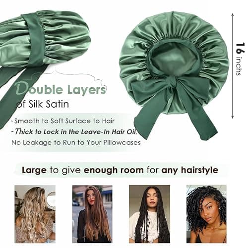 YANIBEST Silk Bonnet for Sleeping Women Satin Bonnet Double Layer Satin Lined Hair Bonnet with Tie Band Curly Hair - Large - Sage thumbnail 2