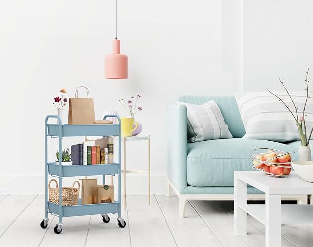 CAXXA 3-Tier Rolling Metal Storage Organizer - Mobile Utility Cart with Caster Wheels, Blue thumbnail 7