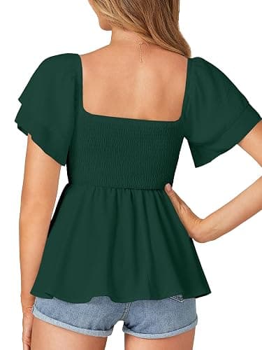 LYANER Women's Square Neck Casual Peplum Top | Summer Ruffle Smocked Short Sleeve Ruched Flowy Babydoll Dressy Blouse Shirts thumbnail 2