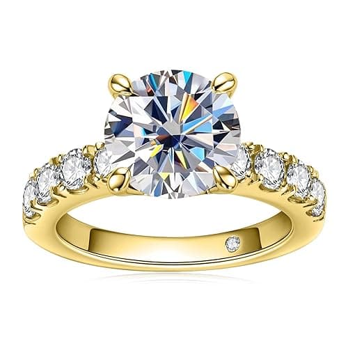 AnuClub Moissanite Engagement Ring, Total 4.3cttw D Color Round/Oval/Asscher Cut, 925 Sterling Silver Promise Anniversary Rings for Women, Elegant Gift Packed - Yellow Gold - 8.5