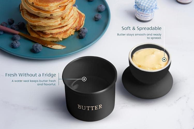 Kook Butter Crock with Lid, Soft Spreadable Butter, Ceramic French Butter Keeper to Leave On Counter with Water Line, Butter Dish, Home and Kitchen Decor, Perfect for Christmas Gift (Black) thumbnail 2