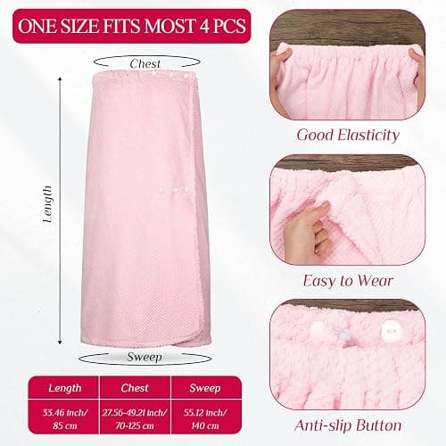 Tigeen 4 Pcs Spa Wrap Towel Wrap for Women Spa Robe with Adjustable Closure Elastic Top Lightweight Wraps for Bath Shower(M,Pink) thumbnail 3