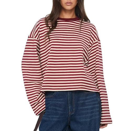 KOSUSANILL Women Oversized Striped Long Sleeve Shirt Crewneck Cropped Tops Drop Shoulder Y2K Preppy Sweatshirt Fall Clothes - Image 1