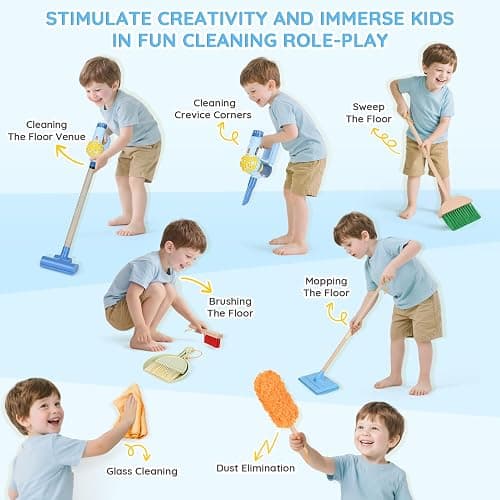 Dreamon Wooden Toddler Cleaning Set - 11Pcs Kids Cleaning Toy Set with 3-in-1 Kids Vacuum That Really Works, Montessori Cleaning Toys with Broom and Mop Set for Toddlers Girls Boys Age 3-6 thumbnail 5