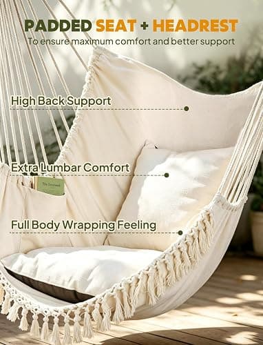 Chihee Hammock Chair Max 500 Lbs 2 Cushions Spreader Bar Strap Carabiner | Collapsible Metal Rod with Anti-Slip Grooves Portable Hanging Swing Side Pocket Macrame Bohemian Chair Indoor Outdoor Graden thumbnail 6