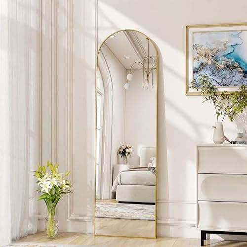 POMILER Arched Full Length Floor Mirror with Gold Aluminum Frame, 56"x15" | HD Tempered Glass, Wall or Floor Mount, Distortion-Free Reflection, Float Glass & Alloy, Multiple Display Options thumbnail 3