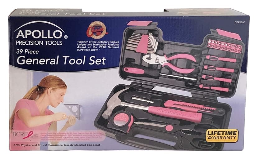 Apollo Tools Original 39 Piece General Household Tool Set in Toolbox Storage Case with Essential Hand Tools for Everyday Home Repairs, DIY and Crafts - Pink Ribbon - Pink - DT9706P thumbnail 10