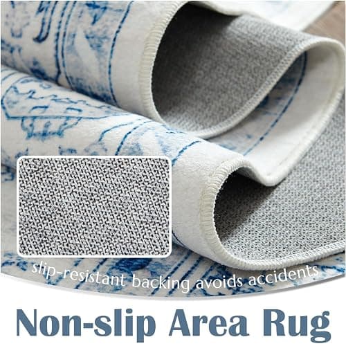 jinchan Area Rug 5x7 Medallion Floral Washable Rug Accent Floor Cover Non Slip Living Room Vintage Mat Retro Thin Soft Carpet for Bedroom Dining Room Kitchen Distressed Blue thumbnail 6