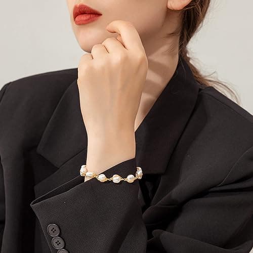 Cowlyn Pearl Bracelet Baroque Cultured Pearl Link, 14K Gold Plated Beaded Link Chain Charm Bracelets for Women Handmade Jewelry thumbnail 2