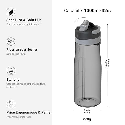 Sparrow Gourde Sport - TouchFlow Tritan Bouteille d'eau - 500ml/750ml/1L - sans BPA - Gourdes Paille Convient pour Enfant, Adulte Sport, l'école, en Plein air thumbnail 3