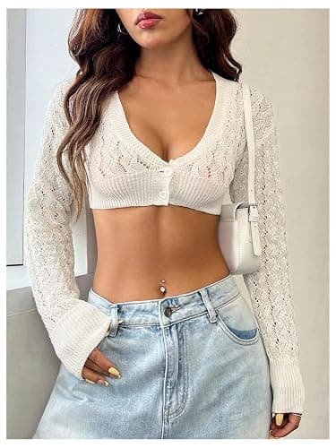 GORGLITTER Women's Crop Crochet Cardigan Button Down Long Sleeve Shrug Sweater thumbnail 5
