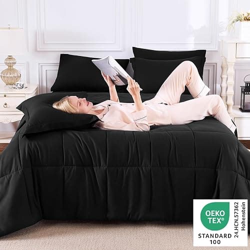 CozyLux Full Size Comforter Set Black - 7 Pieces Bed in a Bag Full, Oeko-Tex Certified Bed Set, All Season Soft Bedding Set with Down Alternative Comforter, Sheets, Pillowcases & Shams thumbnail 3