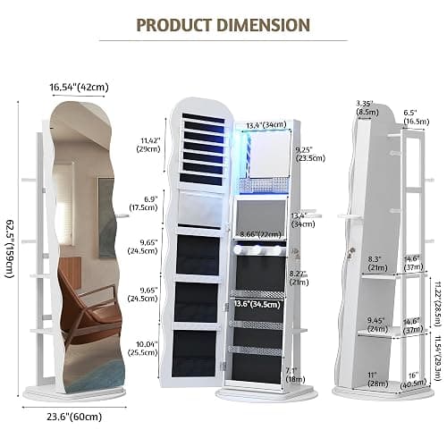 Vlsrka 360° Swivel Jewelry Aromire with Wavy Mirror, Lockable Jewelry Organizer Mirror Full Length, Rotatable Standing Mirror with Storage, Jewelry Cabinet, Interior Mirror, Flodable Shelf, White thumbnail 3