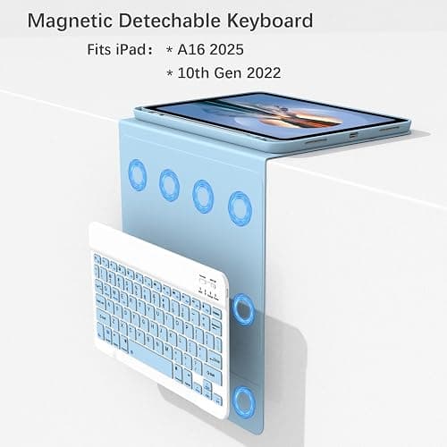 Keyboard Case with Pencil Holder for iPad 11th Generation (A16), 10th Gen | Detachable Wireless Keyboard, Support 3 System, Folio Stand, Soft TPU Back Shell for iPad 11th/10th 2025/2022, Light Blue thumbnail 3