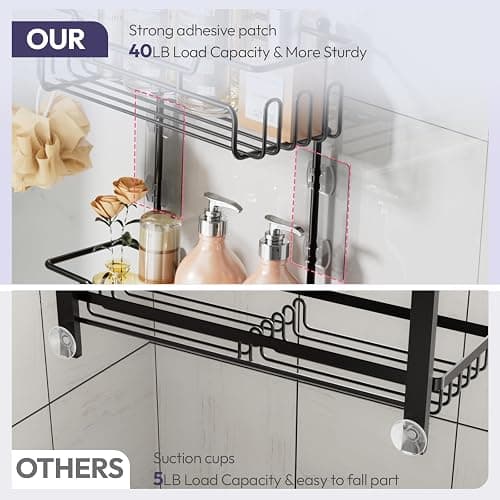 SWTYMIKI Shower Caddy Hanging - Extended Length 3 Tier Rustproof Shower Organizer Hanging, No Drilling Shower Shelves with 16 Hooks & Soap Holder, Anti-Swing Rack, Black thumbnail 8