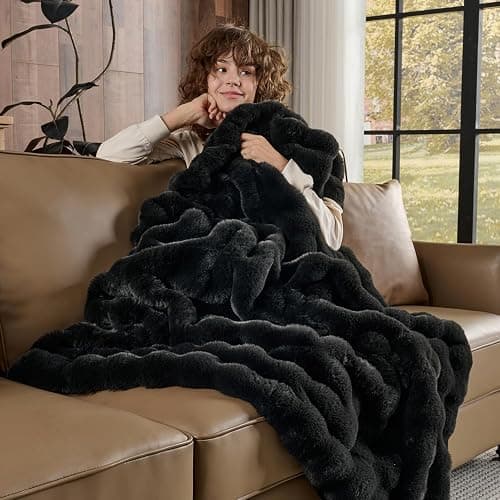 Lotus Karen Faux Fur Throw Blanket Black - Big Bubble Rabbit Fluff Blanket for Couch, Small Fluffy Fuzzy Cozy Blanket, Thick Furry Plush Shaggy Blankets, 50x60 Inches thumbnail 3