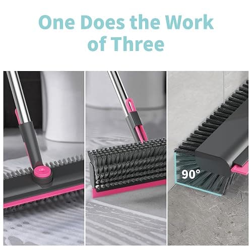 AIR U+ Floor Scrub Brush with Long Handle, 3 in 1 Scrape and Heavy-Duty Stiff Bristle Scrubber Brush for Cleaning Shower Bathroom, Patio, Pool, Garage, Kitchen, Wall and Deck, Gray and Pink thumbnail 4