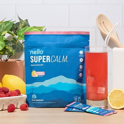 Nello Supercalm Powdered Drink Mix, Cortisol Reducer and Sleep Aid Supplement, L Theanine, Ksm-66 Ashwagandha, Magnesium Glycinate, Vitamin D 3, No Sugar, Non GMO, On The Go, 20 Ct, Raspberry Lemonade thumbnail 6