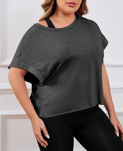 Fisoew Womens Plus Size Open Back Workout Tops Backless Athletic Shirt | Short Sleeve, Running Crop Top, Gym Yoga T-Shirt thumbnail 4