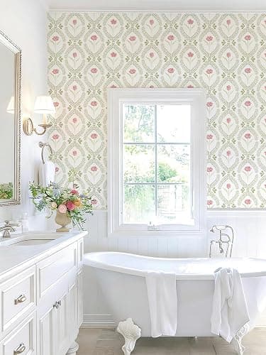 *BOUGHT* Orainege Peel and Stick Wallpaper Floral Wallpaper 16.9in x196.8in Green Pink Leaf Contact Paper Vinyl Waterproof Self Adhesive Boho Botanical Wall Paper for Bedroom Shelf Cabinet Decor thumbnail 4