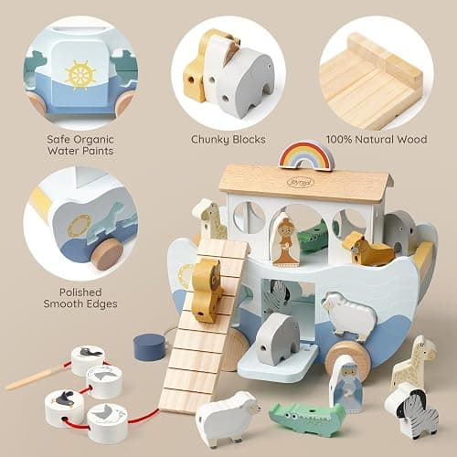 Joyreal Wooden Noah's Ark Toy for 1 Year Old Baby Boy and Girl Baptism Gift - Neutral Color Montessori Educational Toy with Animal Shape Sorter - Christian Toys for Toddler 1-3 Christmas Birthday Gift thumbnail 6