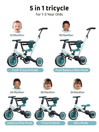 newyoo TR008 Toddler Push Tricycle, Toddler Bike for 1-3 Years Olds, Birthday Gift for Boys and Girls, 5 in 1 Balance Bike with Handle, Kids Trike with Safe Bar, Green thumbnail 4