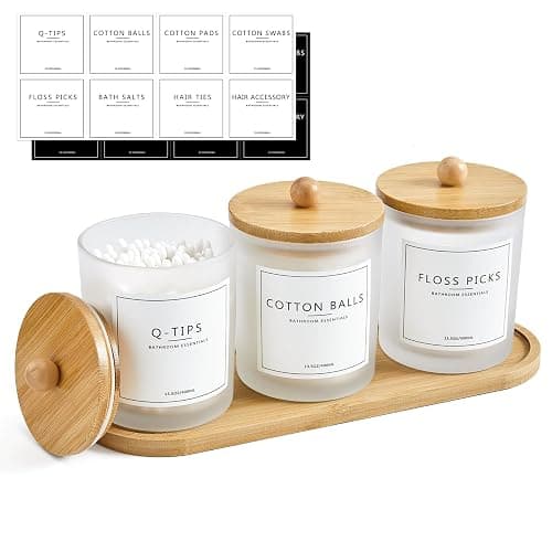 3 Pack Qtip Holder Bathroom Set with Tray,13.5oz Cotton Round Ball Pad Holder Cotton Swab Floss Pick Dispenser,Glass Apothecary Jars Canisters with Lids,Bathroom Organizers and Storage Container - Image 1