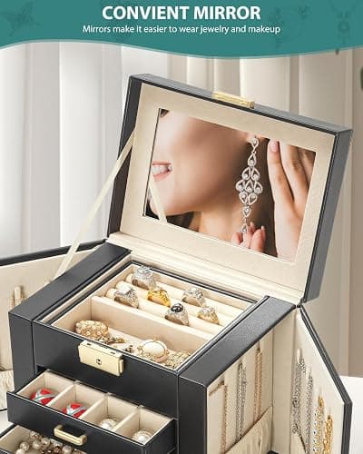 AKOZLIN 4-Tier Jewelry Box Leather Jewelry Storage Organizer with 3 Drawers Lockable for Women Girls Ring Necklace Earring Bracelet Holder with Mirror Black thumbnail 7