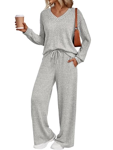 LILLUSORY Lounge Sets for Women 2 Piece Cute Long Sleeve V Neck Tops Pajama Pants Pjs Sets Sleepwears Fall Clothes Outfits - Image 1