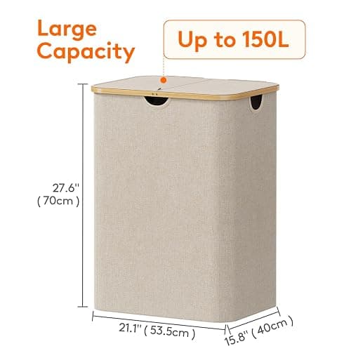 Lifewit 150L Laundry Basket with Lid, Clothes Hampers for Laundry with Bamboo Handles and 2 Removable Bag, Large Foldable Laundry Hamper for Bedroom, Bathroom, Dorm, Laundry Room, Beige thumbnail 3