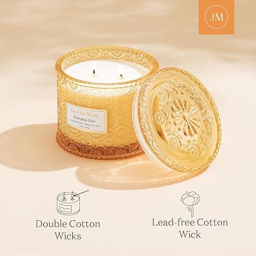 60 Stunden Brenndauer, LA JOLIE MUSE Kürbiskerze, Herbstduftkerzen für Zuhause, Große 2-Docht Sojakerzen, Kerzengeschenke für Frauen & Männer, Luxusglas Kerzen, Kürbis Chai, 340g thumbnail 5