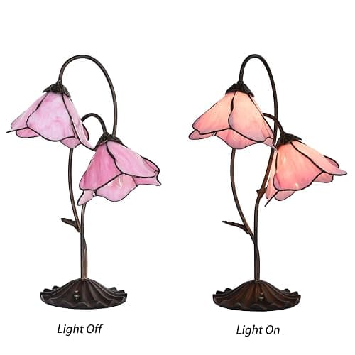 Bieye L10811 Flower Tiffany Style Stained Glass Table Lamp with 8-inch Wide Bent Glass Lampshade Lily Pad Base (2-Light, Pink) thumbnail 2