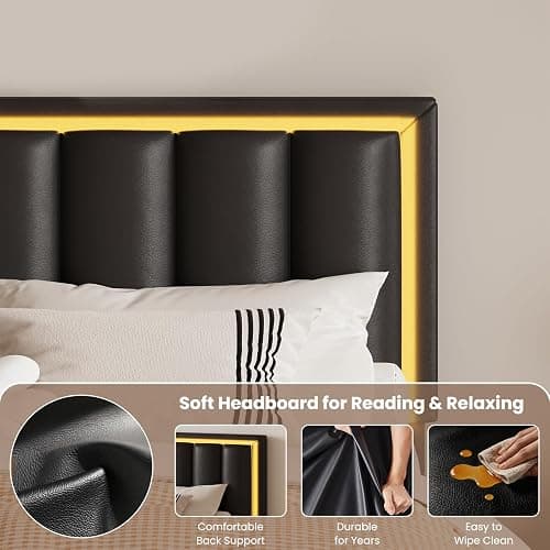 IMMERSTABLE Full Size Bed Frame with Headboard and 4 Storage Drawers, Faux Leather Upholstered Platform Bed with LED Lights, Metal and Wood Slats, No Box Spring Needed, Easy Assembly, Black thumbnail 3