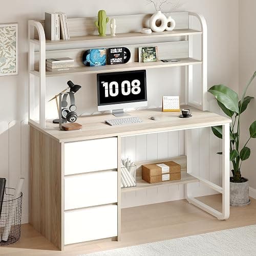 MaverickFurni Computer Desk with Hutch, 47 Inch Small Desk with 3 Drawers for Bedroom, Study Writing Desk with Shelves for Small Spaces, Adjustable Feet, Light Walnut thumbnail 3
