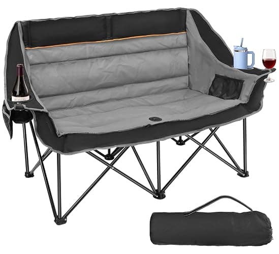 Suteck Double Camping Chair, 660lbs Oversized Camping Couch w/Independent Seats, Folding Camping Loveseat w/2 Cup & Wine Glass Holders, 1200D Oxford, Side Pocket & Carry Bag, for Camping, Lawn, Patio - Image 1