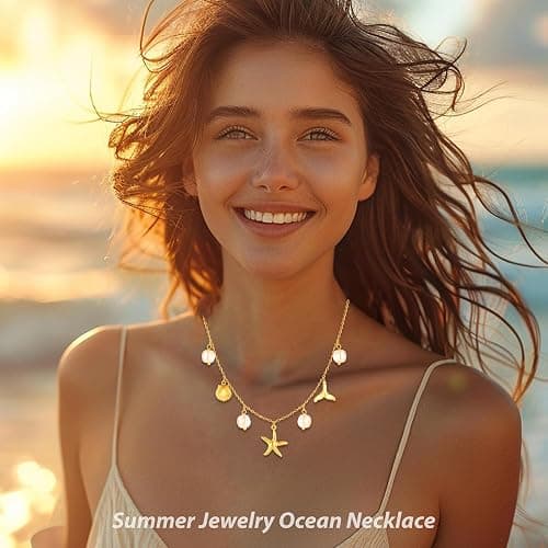 RIXERKOC Collier de Charme en Or pour Femme, Délicat Pendentif Etoile de Mer en Perle, collier joli coquillage en or 14k, collier ras de cou à breloques boho, bijoux d'été plage surfeur thumbnail 2