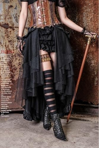 HaoLin Steampunk Retro Victorian Punk Cincher Lace up Long Ruffle Mini Skirt Black thumbnail 2