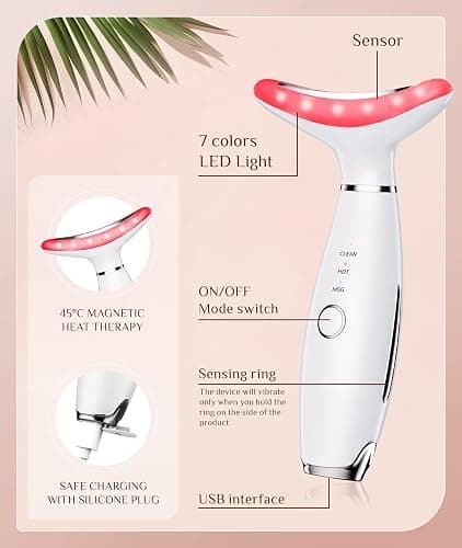 Dopsikn 7 Color Galvanic Machines - Red Light Therapy for Face and Neck, Face Massager Tool for Wrinkles, Double Chin, Vibrating Facial Massager with Thermals, White thumbnail 4