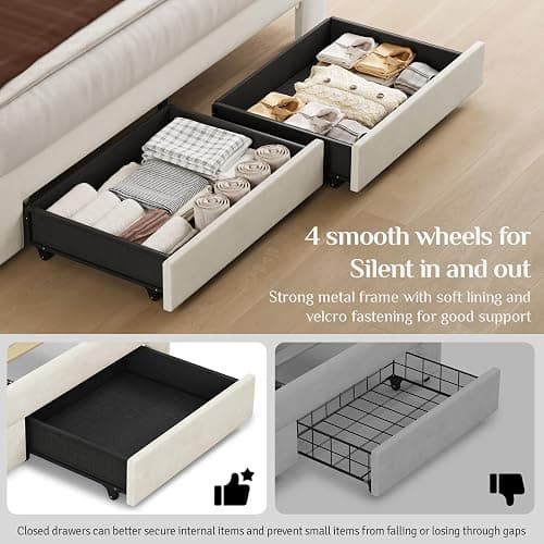 Belffin Full Bed Frame with Storage Drawer and Diamond Adjustable Tall Headboard, Modern Velvet Platform Bed Frame with Wingback Design, No Box Spring Needed, Easy Assembly, White thumbnail 4