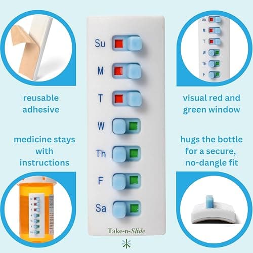 TAKE-N-SLIDE Peel and Stick Reusable for 12 + Refills, Pill/Medication/Vitamin/Pet Med Tracker & Reminder, Attach to Your Bottle, Organizer-Free, Curved‑Back (White, 5-Pack) thumbnail 3