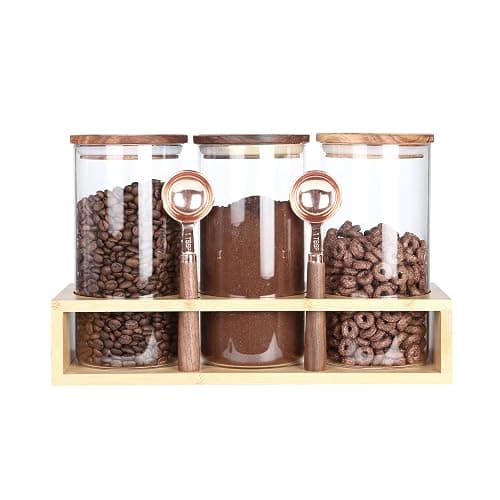 KKC HOME ACCENTS Sealed Glass Food Storage Containers with Airtight Wood Lids and Scoops for Kitchen Counter,Air Tight Sealed Glass Jars for Coffee,Loose Leaf Tea,Brown Sugar,39 Fluid Ounces - Image 1