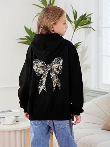 RoseSeek Girl's Bow Camo Graphic Hoodies Long Sleeve Hooded Sweatshirt Preppy Cute Pullover Tops thumbnail 2