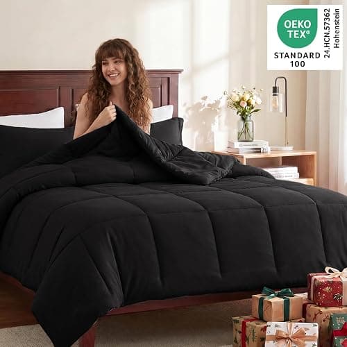 CozyLux Queen Comforter Set, 3-Piece Box-Stitched, Black | 270 GSM Down Alternative Fill, 90 GSM Brushed Microfiber Shell, OEKO-TEX Certified, 88 x 88 in Comforter with 2 Pillow Shams thumbnail 3