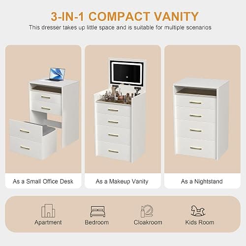 3 in 1 Vanity Desk with Plip Top Mirror and Lights,Compact Vanity Set with Visible Glass Desktop,Small Makeup Vanity Table with 3 Drawers,Cushioned Tool,3 Light Mode,Brightness Adjustable,White thumbnail 3