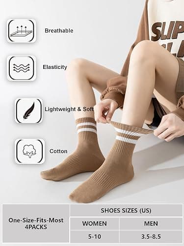 YUWELL Womens Striped Crew Socks, Cotton Cozy Casual Socks for Women 4 Pairs, Size 5-10 thumbnail 3