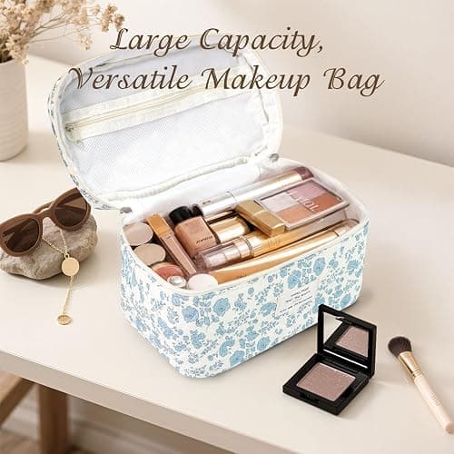 Givurao 3Pcs Cotton Quilted Makeup Bag for Women Girls, Large Floral Cosmetic Bag Set Cute Makeup Brushes Aesthetic Accessories Storage Bag Travel Toiletry Bag Organizer, Little Flower Blue thumbnail 6
